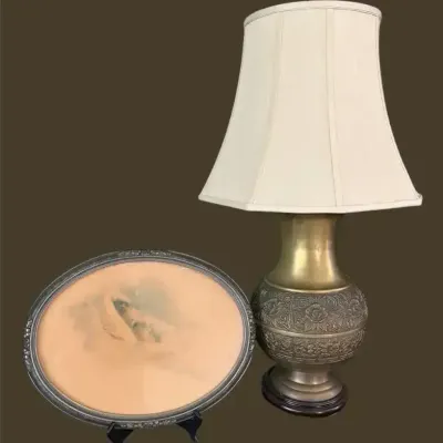 Ornate Floral Table Lamp & Vintage Portrait