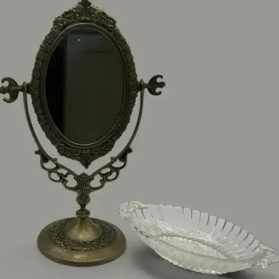 Ornate Vanity Mirror & Glass Jewelry Dish
