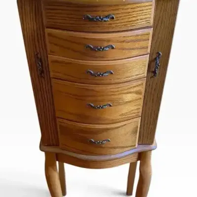 Vintage Wood Standing Jewelry Armoire with Mirror & Side Doors