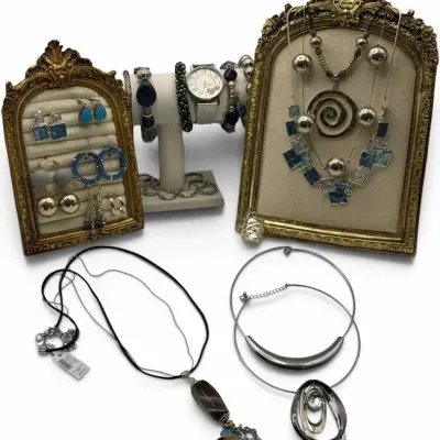 Assorted Silver-Tone & Blue Costume Jewelry Collection with Watch
