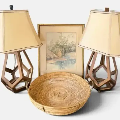 Pair of Geometric Wood Table Lamps & Signed Watercolor Landscape 