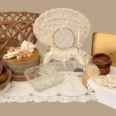 Vintage Entertaining & Serving Collection – Linens, Trays, Glass & Wicker 