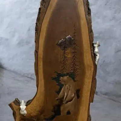 Vintage Royce Nielson Hand-Carved & Hand-Painted Wildlife Relief Wood Slab - Grizzly Bear Scene 