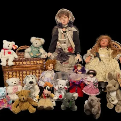 Vintage Porcelain Dolls, Wicker Basket, Plush & Collectibles