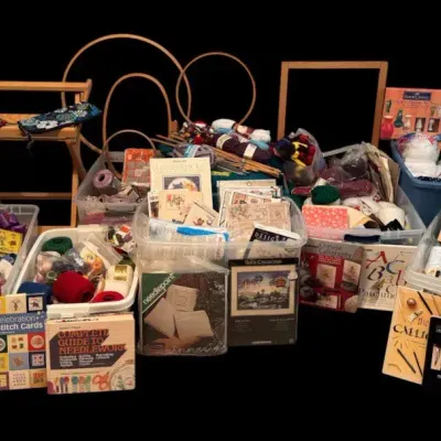 Crafter’s Estate Lot! Yarn, Fabric, Needlepoint Stand, Embroidery Kits, Hoops & More! 