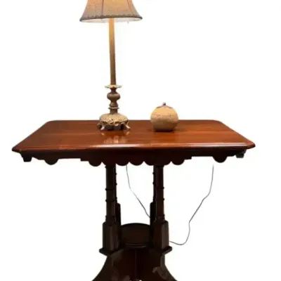 Antique Victorian Eastlake Walnut Parlor Table with Table Lamp 