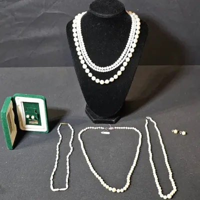 Estate Pearl Jewelry Collection – Necklace 14K Marked Clasps, Mallorca Pearl Earrings 