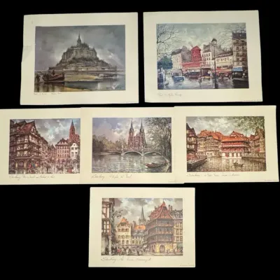 Vintage French Scenic Art Prints Lot (1979–1982) – Strasbourg, Paris, Mont Saint-Michel