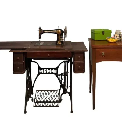 Antique Singer Treadle Sewing Machine Set, Repurposed Cabinet & Sewing Accessories