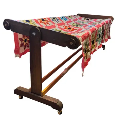 Vintage Wooden Quilting Frame with Unfinished Quilt Top & Quilt Squares  