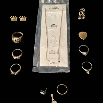  02 Vintage 14K & 10K Gold Fine Jewelry Repair or Scrap Lot – Rings, Charms, Pins & Chain