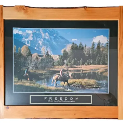Vintage "Freedom" Western Motivational Art Print – Live-Edge Rustic Wood Frame Is Cool!