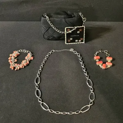 Stunning 925 Sterling and Coral Style Stone Bracelet, Trifari Chain Necklace & Charm Bracelet