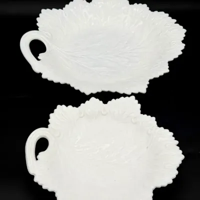 (2) Vintage Milk Glass Leaf Plates