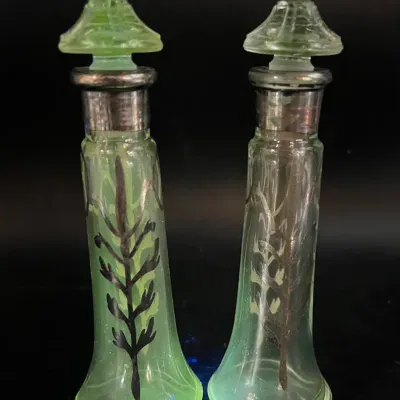 (2) Art Deco Glass Cruets with Silver Overlay — Green Ultraviolet Glow!