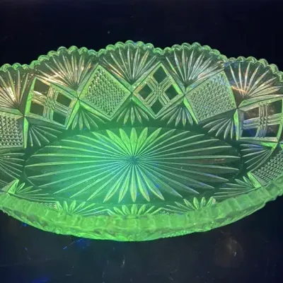 Duncan Miller Quartered Block Paneled Diamond EAPG 1894 Oval Glass Bowl with Green Ultraviolet Glow
