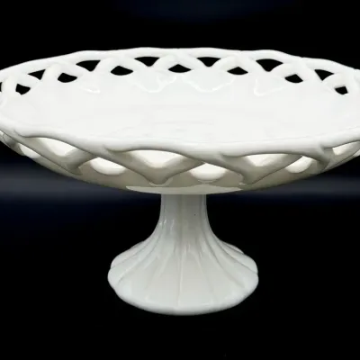 Large Milk Glass Lattice Footed Dish 