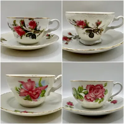 (4) Pink Floral Porcelain Teacups & Saucers Made in Japan