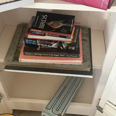 Sale Photo Thumbnail #36: A collection of books including National Geographic bird field guides and a vintage cribbage board on a white wooden shelf.