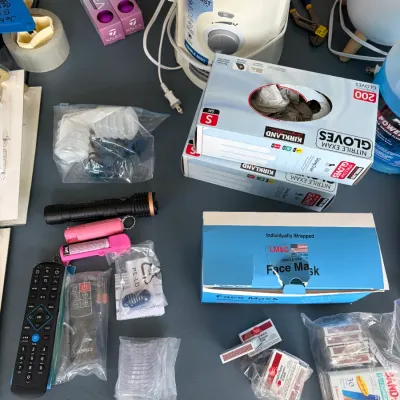 Sale Photo Thumbnail #146: Assortment of household utility and safety items, including Kirkland nitrile gloves, face masks, a Cool Mist humidifier, flashlights, pepper spray, and remote controls.