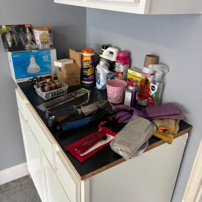 Sale Photo Thumbnail #154: Assortment of household utility and gardening items, including lightbulbs, Duracell batteries, hand tools, work gloves, and various cleaning and lawn care products.