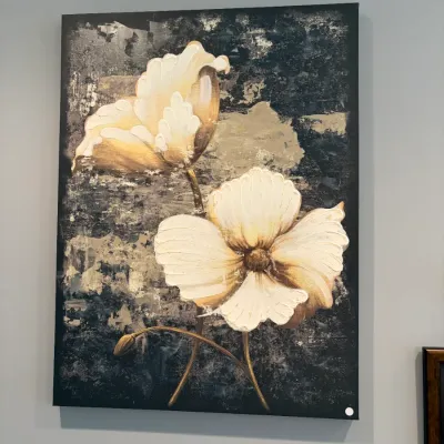 Sale Photo Thumbnail #34: Contemporary textured canvas painting depicting two cream-colored flowers with gold accents against a dark, abstract background, featuring heavy impasto details on the petals.