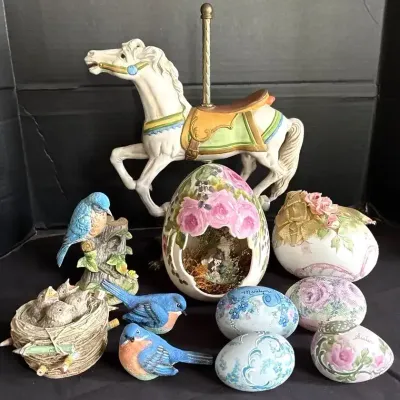 Hand-Painted Ceramic Birds, Eggs & Carousel Horse