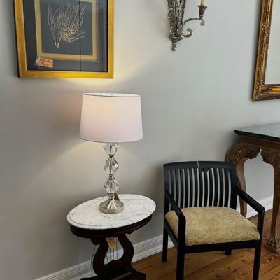 Sale Photo Thumbnail #88: Side chair, lamp and antique table (2 tables available)