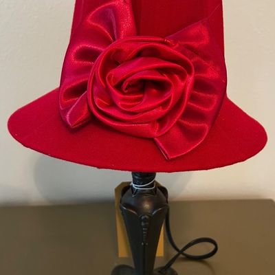 Sale Photo Thumbnail #89: Small bronze lamp with red hat shade 