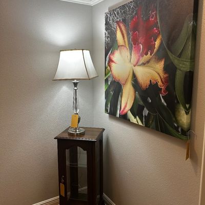 Sale Photo Thumbnail #79: Side short Curio, lamp and large print