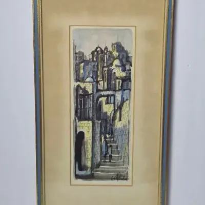 Midcentury Simon Rosen Jerusalem Street Scene Watercolor Painting 