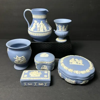Wedgwood Jasperware Blue Pitcher, Vase, Trinket Boxes & More