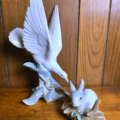 Lladro Turtle Dove (4550) & Rabbit Eating (4772) Porcelain Figurines 