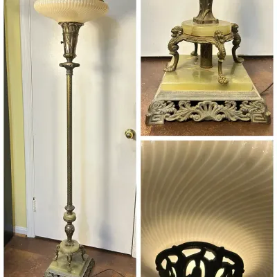 Art Deco Floor Lamp With Onyx Accents & Glass Shade