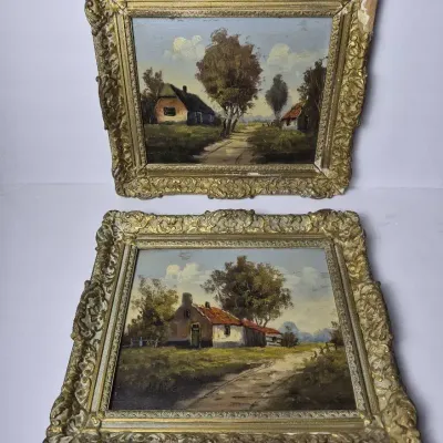 Signed European Landscape Paintings On Board - 12x13.5” Frames
