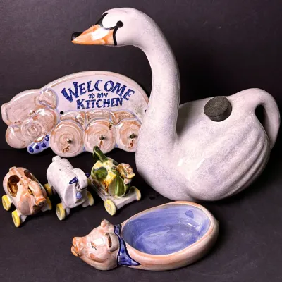 Louisville Pottery Swan Watering Can, Pig Wall Hooks, Shakers & More