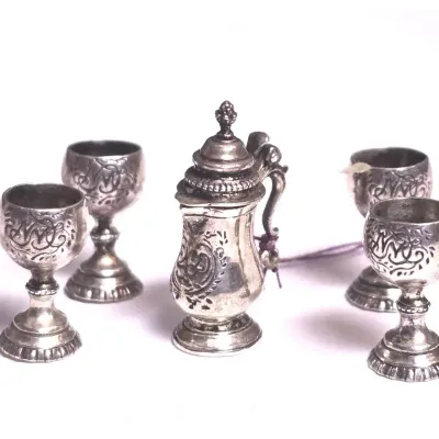 Sterling Silver Obediah Fisher Dollhouse Miniatures: Lidded Vessel & Four Gobblets- Lot 3
