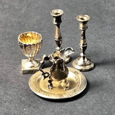 Obadiah Fisher Sterling Silver Dollhouse Miniatures: Candlesticks, Goblet, Pitcher & Tray -Lot 1