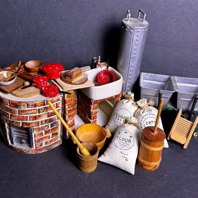 Country Kitchen Dollhouse Miniatures: Hearth, Enamelware, Wash Tubs & Pantry Sacks