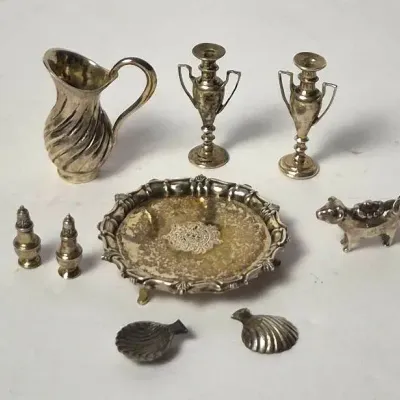 Sterling Silver Pete Aquisto & Unmarked Dollhouse Miniatures: Cow Creamer, Candlesticks, Footed Tray
