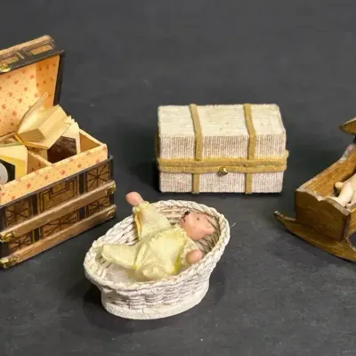  N. Elberfeld & More Signed Artisan Trunks, Bassinet & Cradle Dollhouse Miniatures