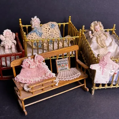 Dollhouse Nursery Furnishings: Artisan-Signed Rocker, Brass Cribs, Dolls & Textiles
