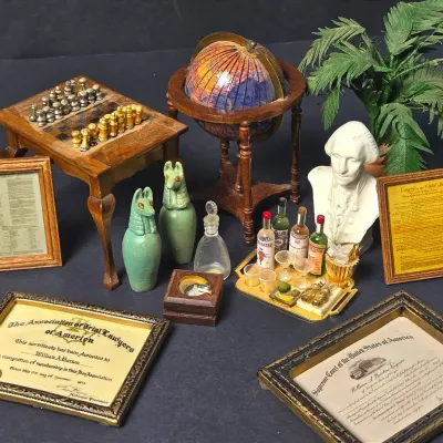 Dollhouse Study & Library Miniatures: Globe, Chess, Barware, Bust & Framed Documents