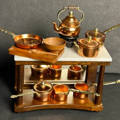 Copper Cookware Dollhouse Miniatures with Marble-Top Kitchen Worktable