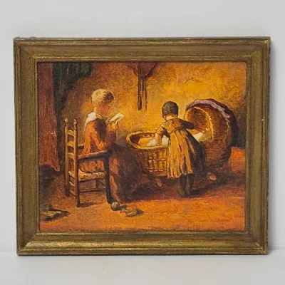 Paul Saltarelli Miniature Oil Painting “Maternal Duties” After Bernard de Hoog – 1/4, 1991