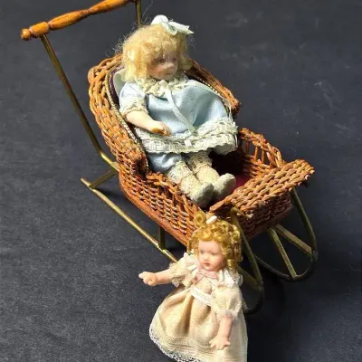 Barbara J Ruemeli Artisan BJR Wicker Baby Carriage Sleigh Dollhouse Miniature with Bisque Dolls 