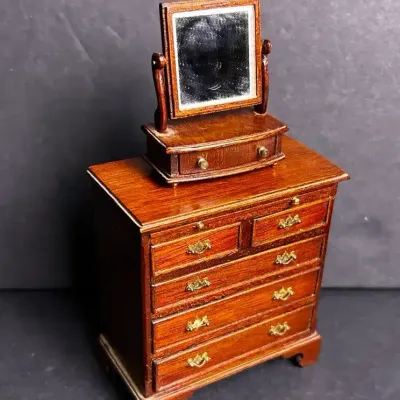 Signed Dennis Jenvey Artisan Chest Of Drawers & Mirrored Vanity Dollhouse Miniatures