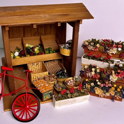 Miniature Market Stall with Produce, Flower Displays & Bicycle