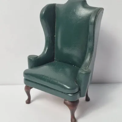 RSJ Signed Artisan Handmade Green Leather Wingback Chair Dollhouse Furniture Miniature 