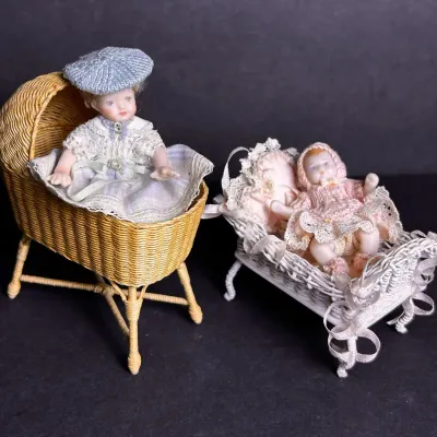Leilani Warling Signed Artisan White Wicker Bassinet, Bisque Dolls, More Dollhouse Miniatures